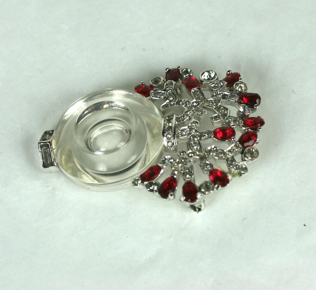 Rare Marcel Boucher Art Deco Vase Brooch with pave and faux ruby Bonsai tree. Charming early brooch with rhodium metal finish in typically Art Deco style of the period. A lucite ring forms the body of the jelly belly 