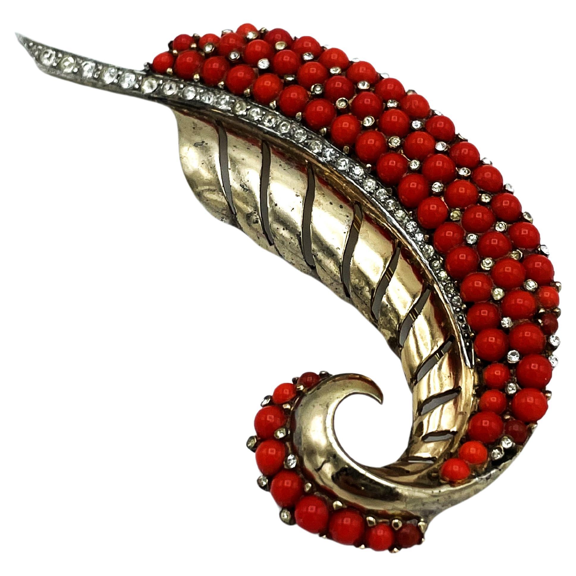 Retro MB BOUCHER STERLING GOLD PAVE and corall Cabochons curling leaf brooch, 1946's For Sale