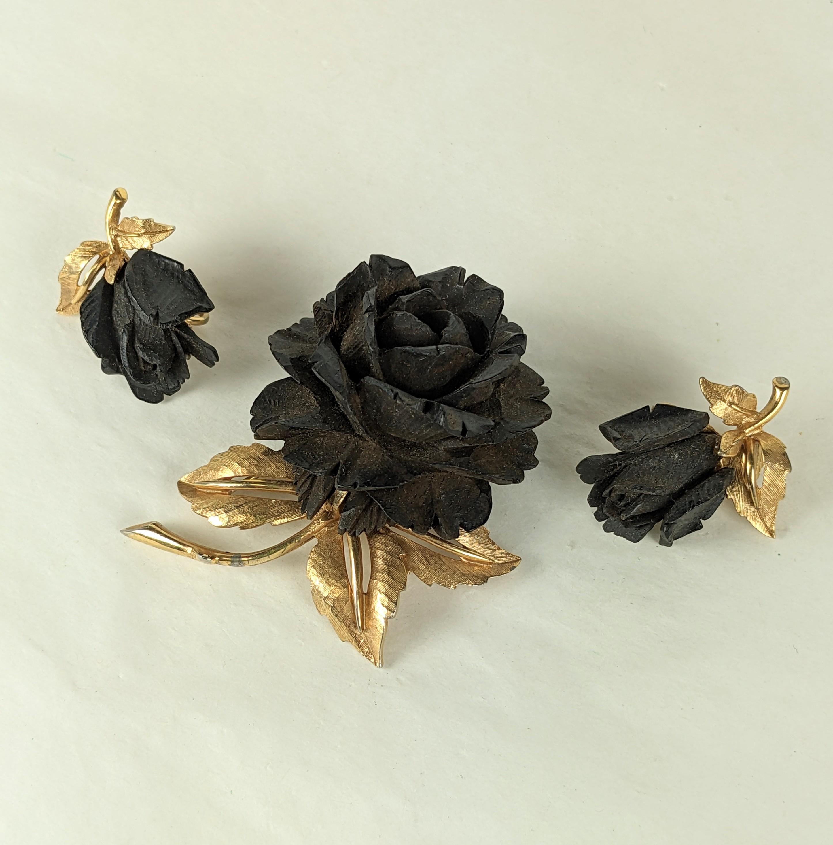 Marcel Boucher Carved Rose Suite from the 1950's. Hand carved and stained wood roses are set into gilt metal flower designs. Clip back fittings. USA. 1950's. Brooch 2