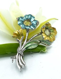 Marcel Boucher flower brooch, rhodium enameled flowers and leaves, signed MB