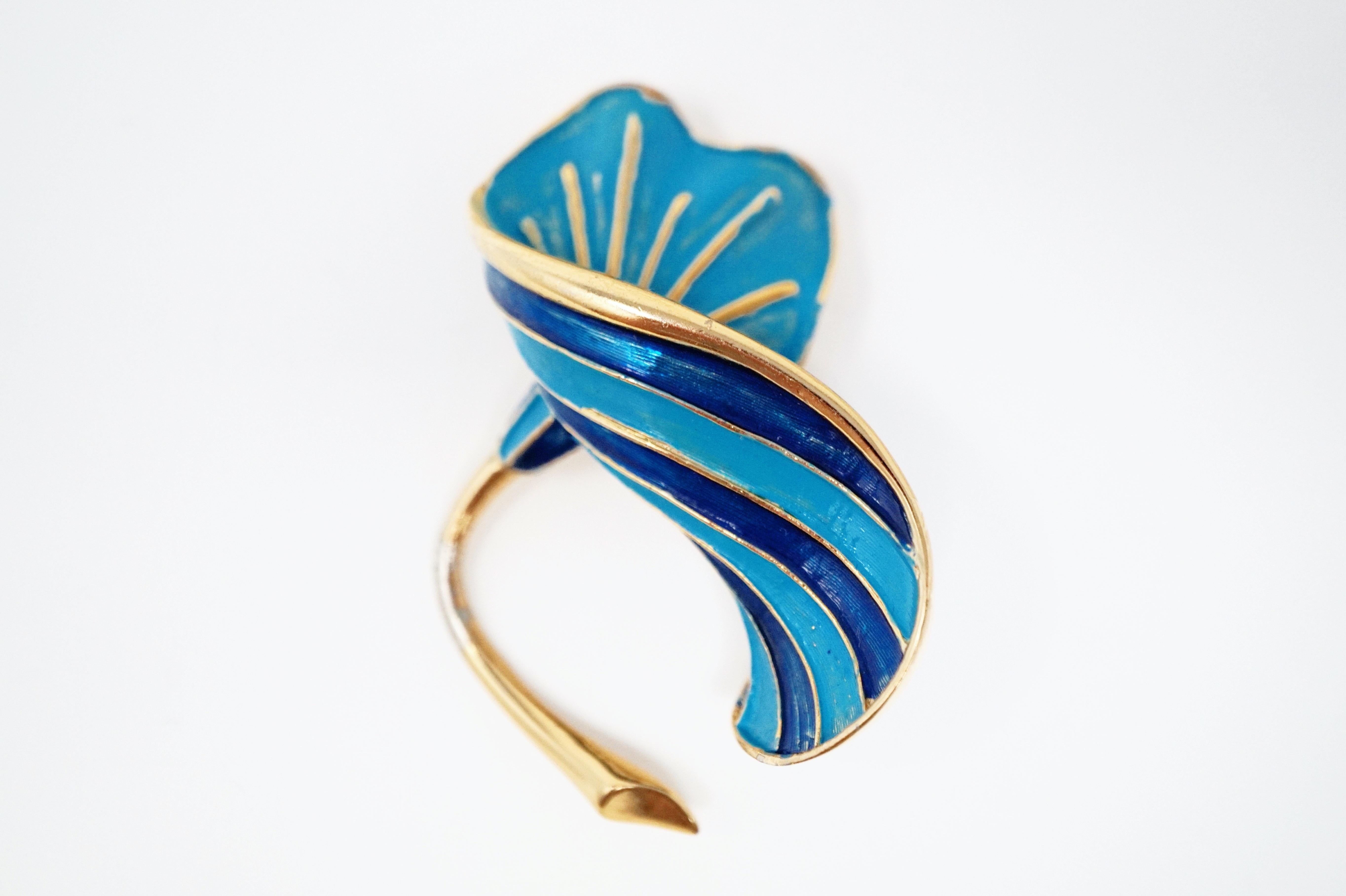 Marcel Boucher Gilt & Blue Enamel Lily Flower Figural Brooch, Signed, circa 1960 In Good Condition In McKinney, TX