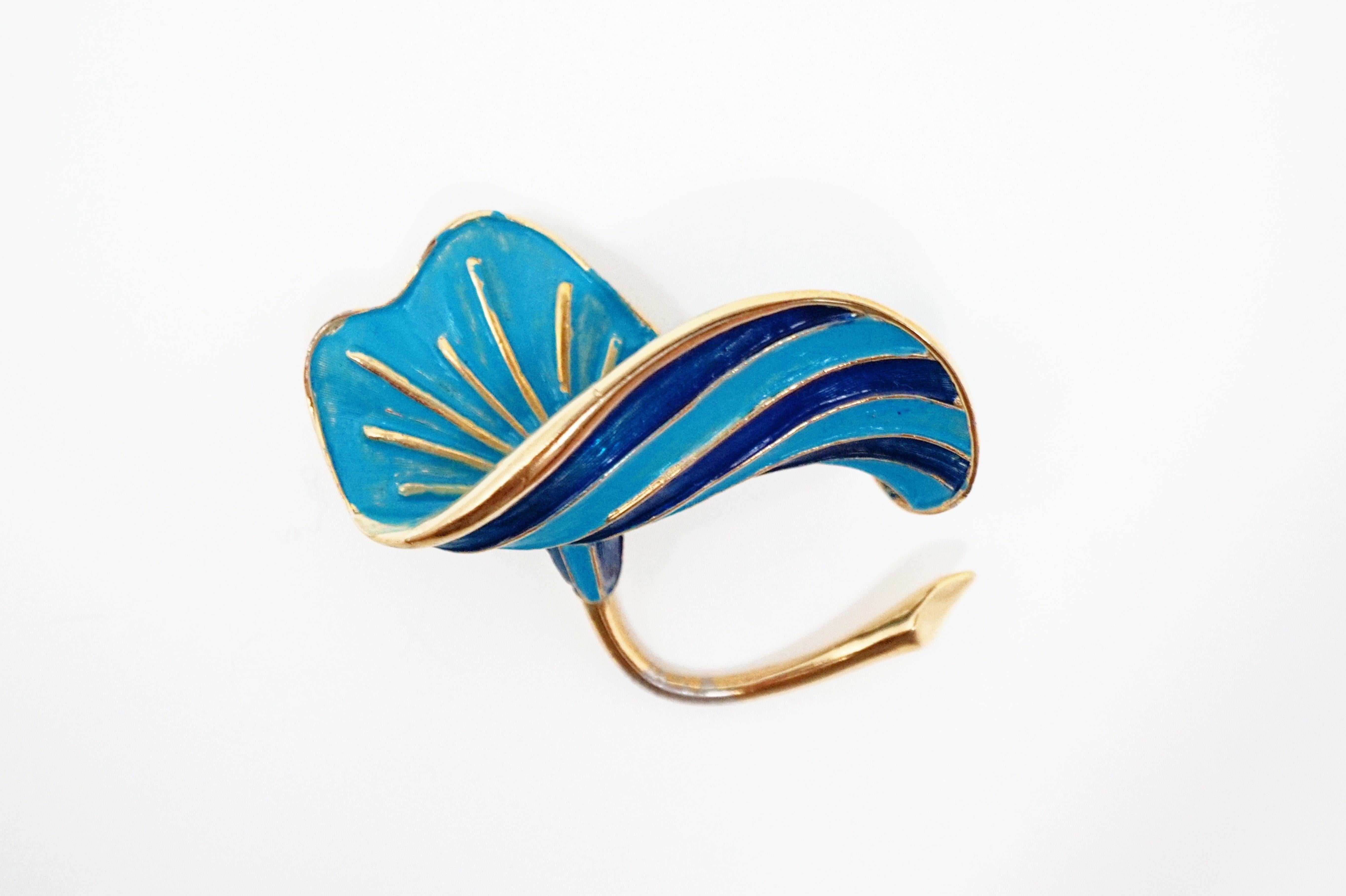 Marcel Boucher Gilt & Blue Enamel Lily Flower Figural Brooch, Signed, circa 1960 3