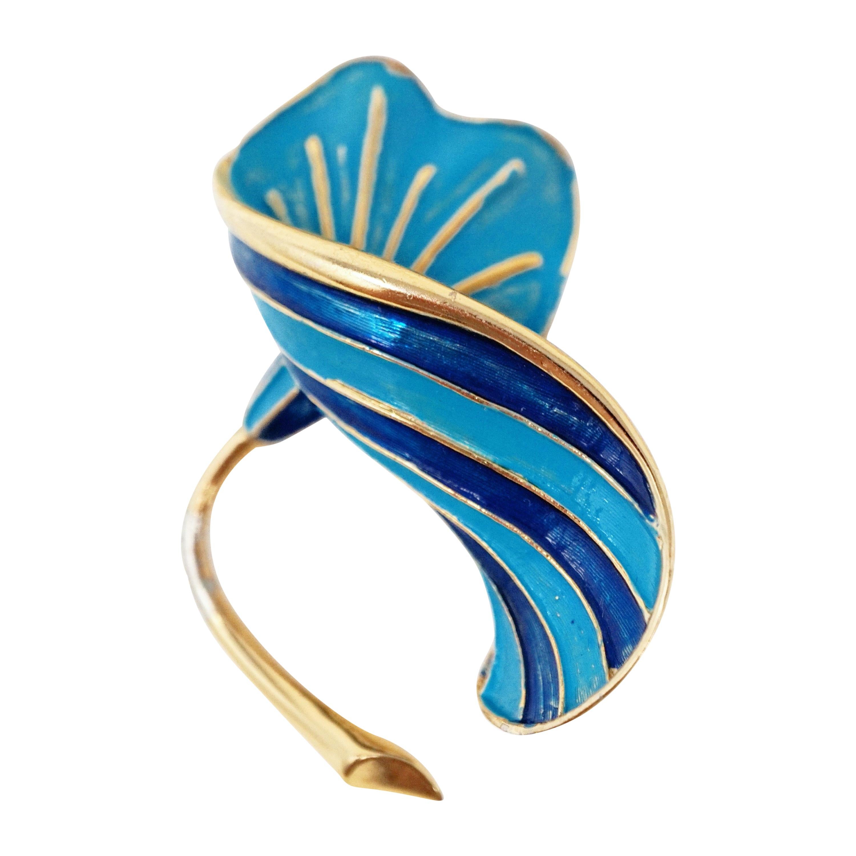 Marcel Boucher Gilt & Blue Enamel Lily Flower Figural Brooch, Signed, circa 1960