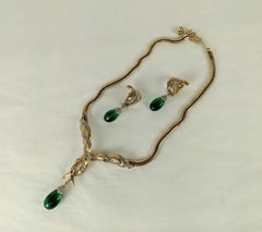 Marcel Boucher Gilt Pave Emerald Drop Necklace and Earrings