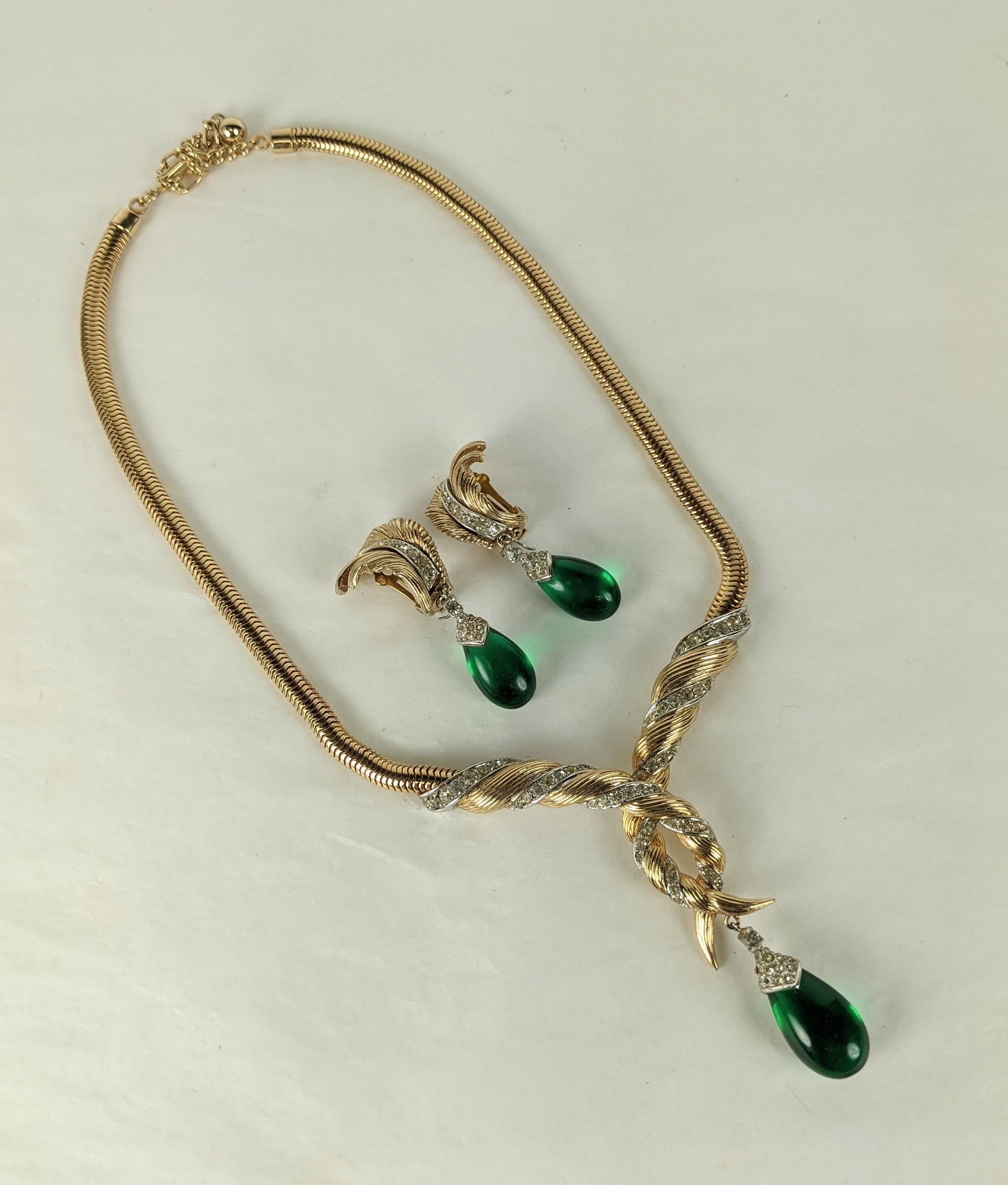 Retro Marcel Boucher Gilt Pave Emerald Drop Necklace and Earrings For Sale
