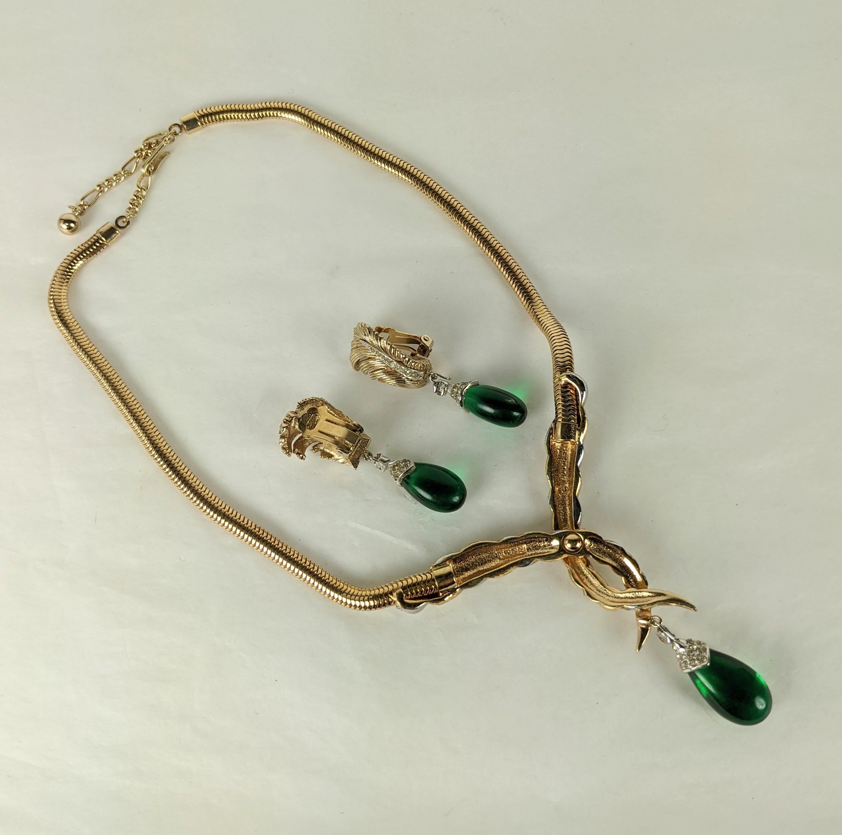 Marcel Boucher Gilt Pave Emerald Drop Necklace and Earrings In Excellent Condition For Sale In New York, NY