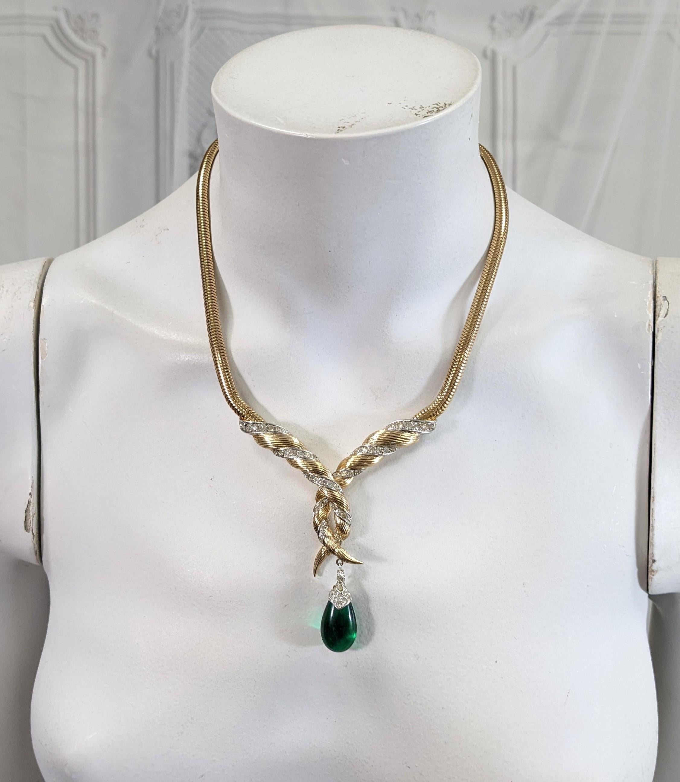 Women's or Men's Marcel Boucher Gilt Pave Emerald Drop Necklace and Earrings For Sale