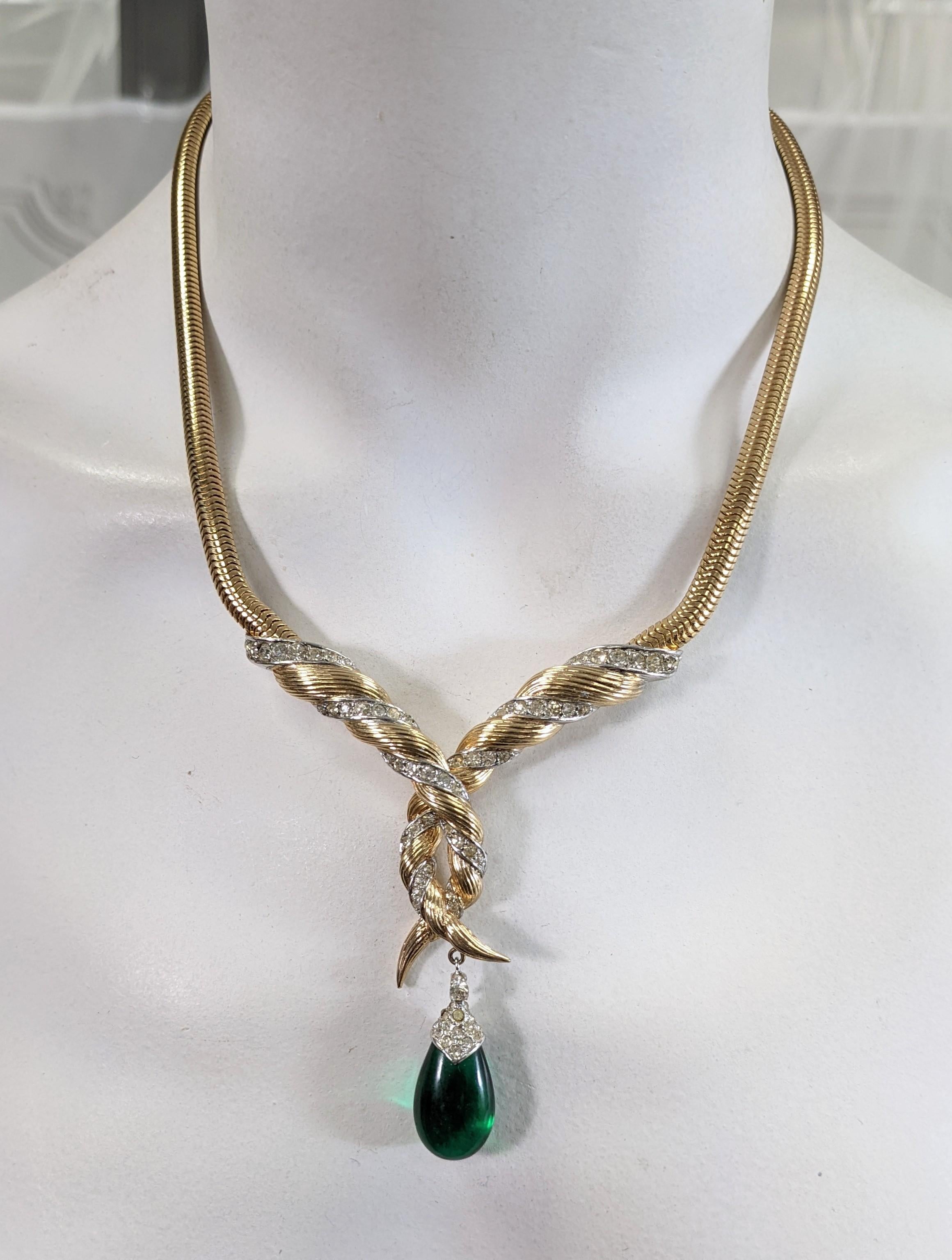 Marcel Boucher Gilt Pave Emerald Drop Necklace and Earrings For Sale 1
