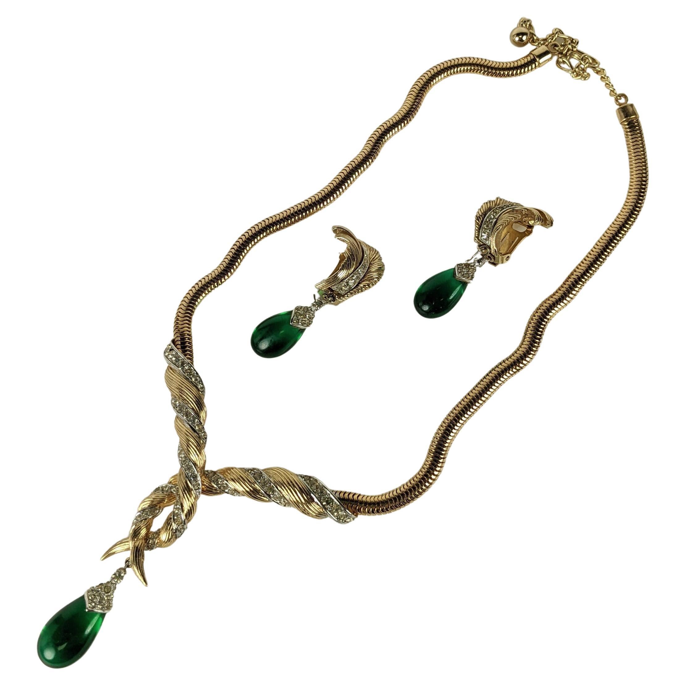 Marcel Boucher Gilt Pave Emerald Drop Necklace and Earrings For Sale