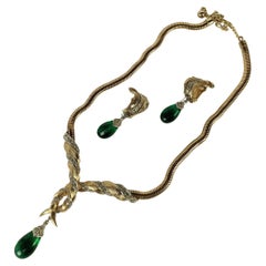 Marcel Boucher Gilt Pave Emerald Drop Necklace and Earrings