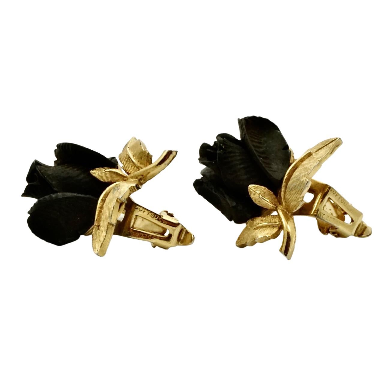 Marcel Boucher Gold Plated Black Rose Clip On Earrings For Sale 1