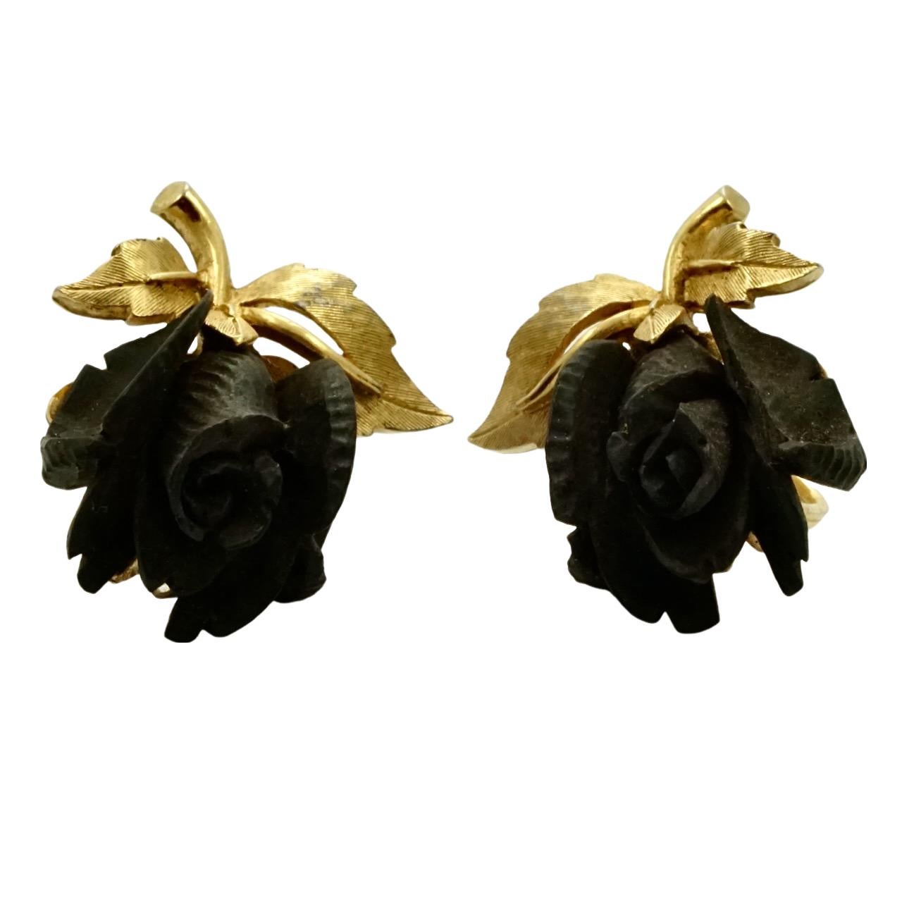 Marcel Boucher Gold Plated Black Rose Clip On Earrings For Sale 2
