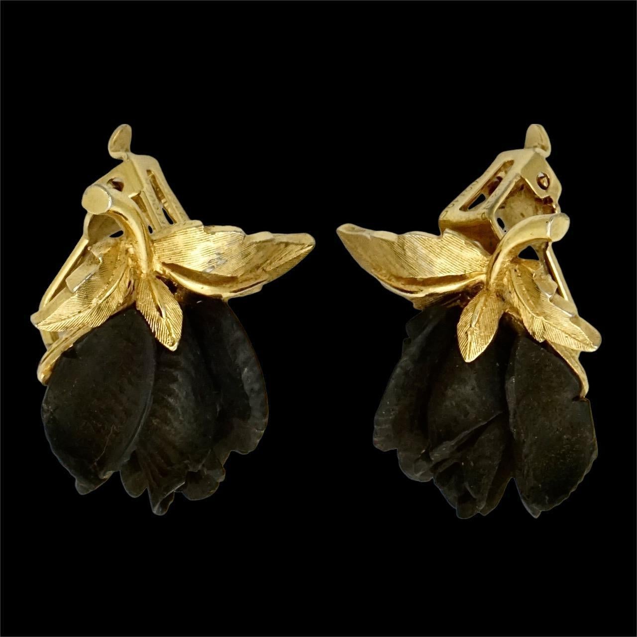 Marcel Boucher Gold Plated Black Rose Clip On Earrings For Sale 3