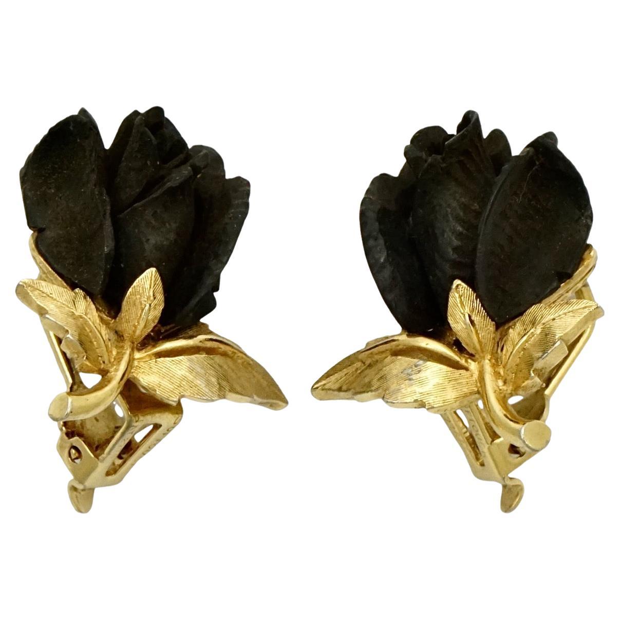 Marcel Boucher Gold Plated Black Rose Clip On Earrings