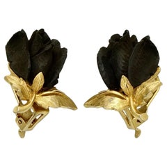Retro Marcel Boucher Gold Plated Black Rose Clip On Earrings