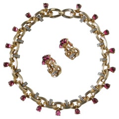 Vintage Marcel Boucher Necklace and Earrings Set with Rhinestones and Faux Rubies
