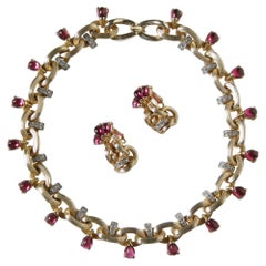 Marcel Boucher Necklace and Earrings Set with Rhinestones and Faux Rubies