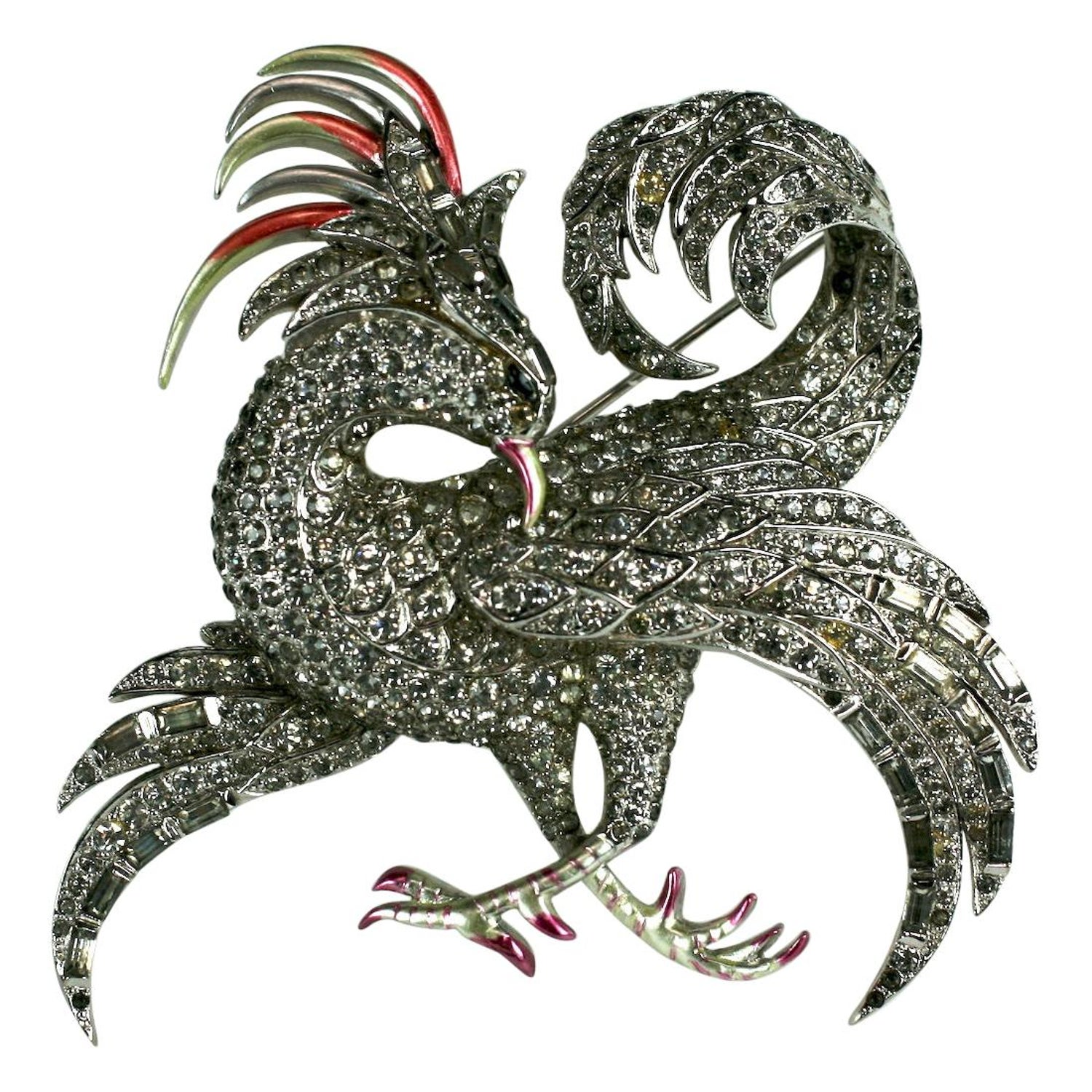 Marcel Boucher Pave Baguette and Pearlized Enamel Phoenix Brooch For Sale  at 1stDibs