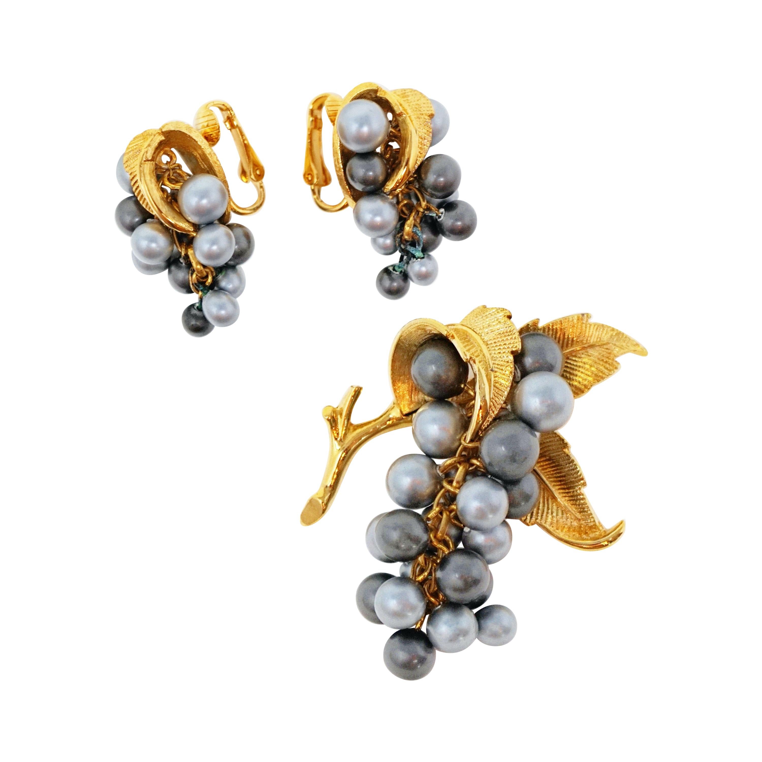 Marcel Boucher Pearl Grape Demi-Parure Brooch and Earrings Set, circa 1960