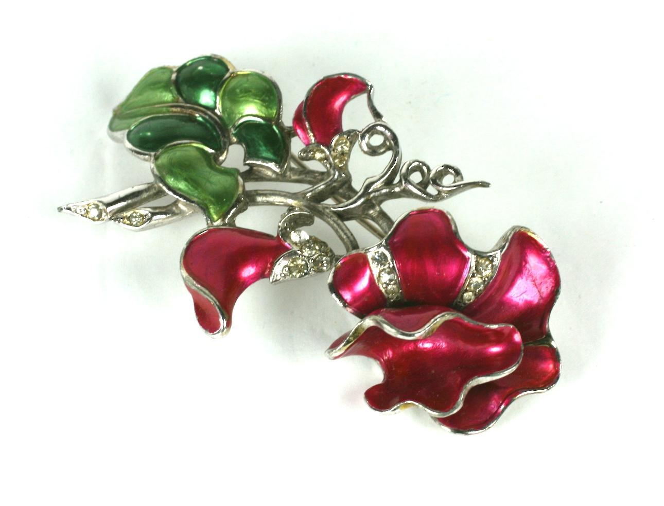 Marcel Boucher Pearlized Magenta Enamel Sweet Pea Brooch In Excellent Condition In New York, NY