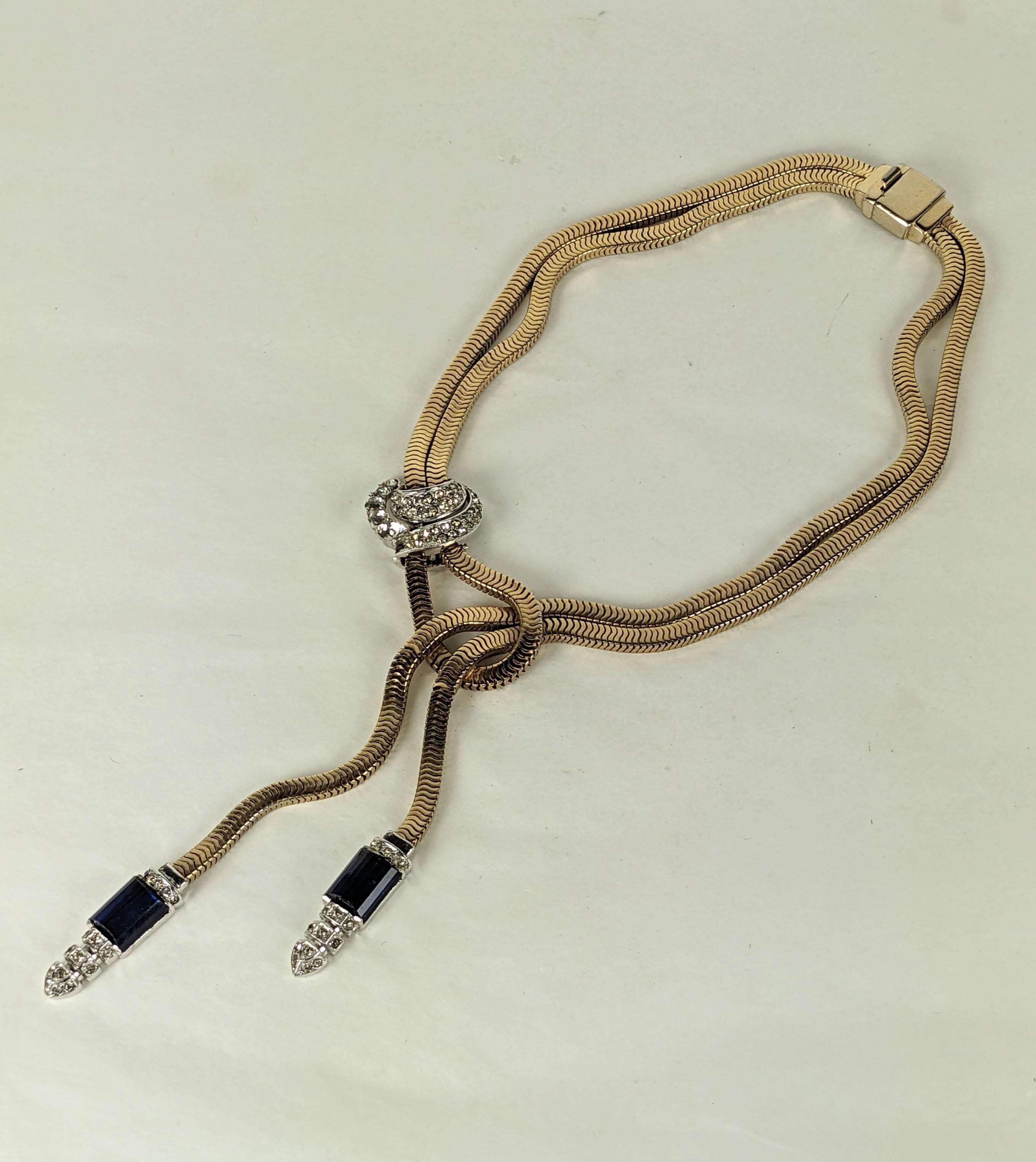 Amazing Marcel Boucher Retro Gas Pipe Pendant Necklace from the 1940's, Gilt gas pipe chain is looped and hold a pair of faux faceted sapphire and pave pendants. 
1940's USA. Early MB signature. Necklace 15