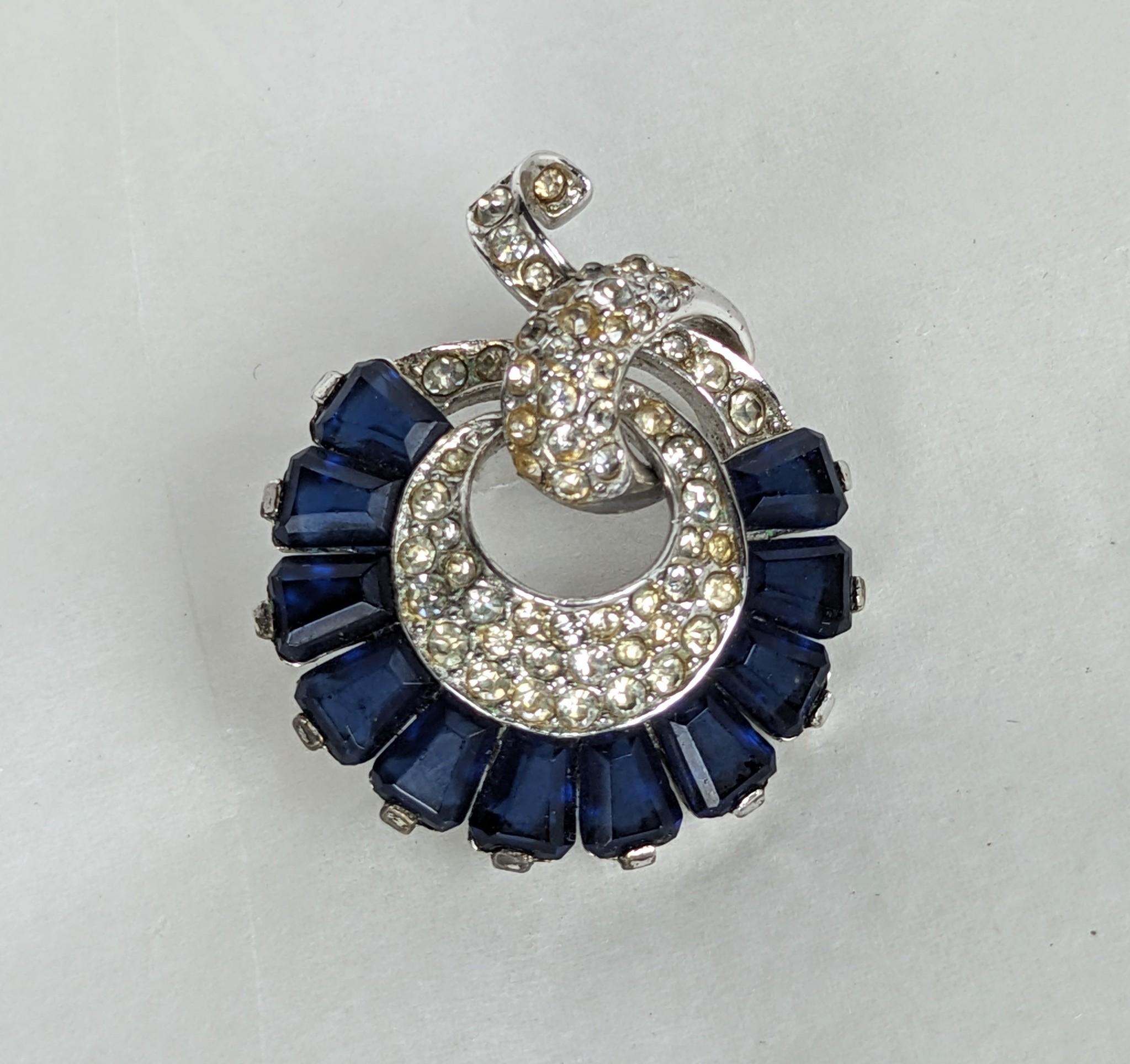 Elegant Marcel Boucher Retro Mini Swirl Brooch from the 1940's. Sterling with rhodium finish with tapered faux sapphires and pave crystals. Signed with early MB mark, Sterling. 1