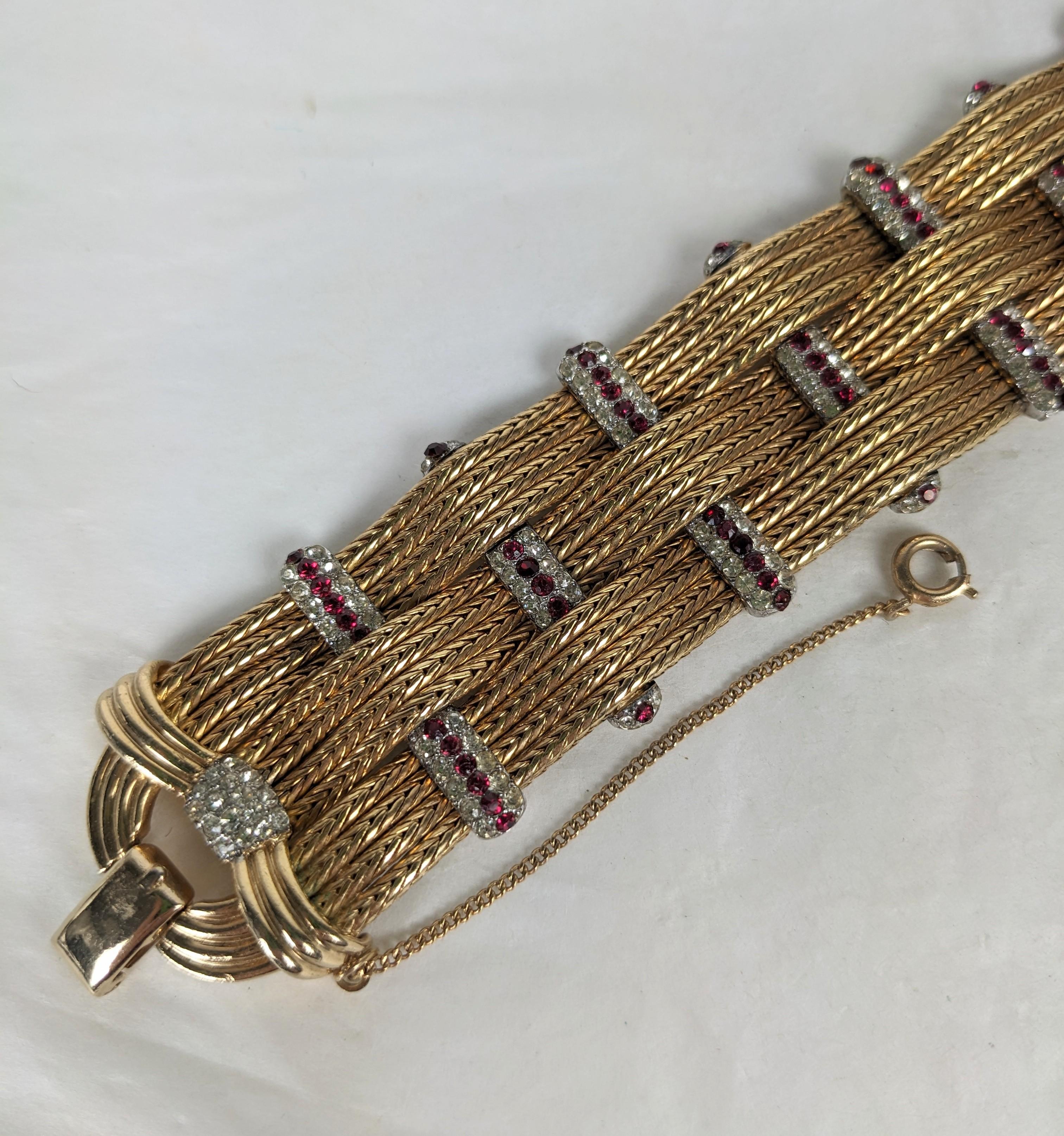Retro Marcel Boucher Ribbed Gold Pave Station Bracelet For Sale