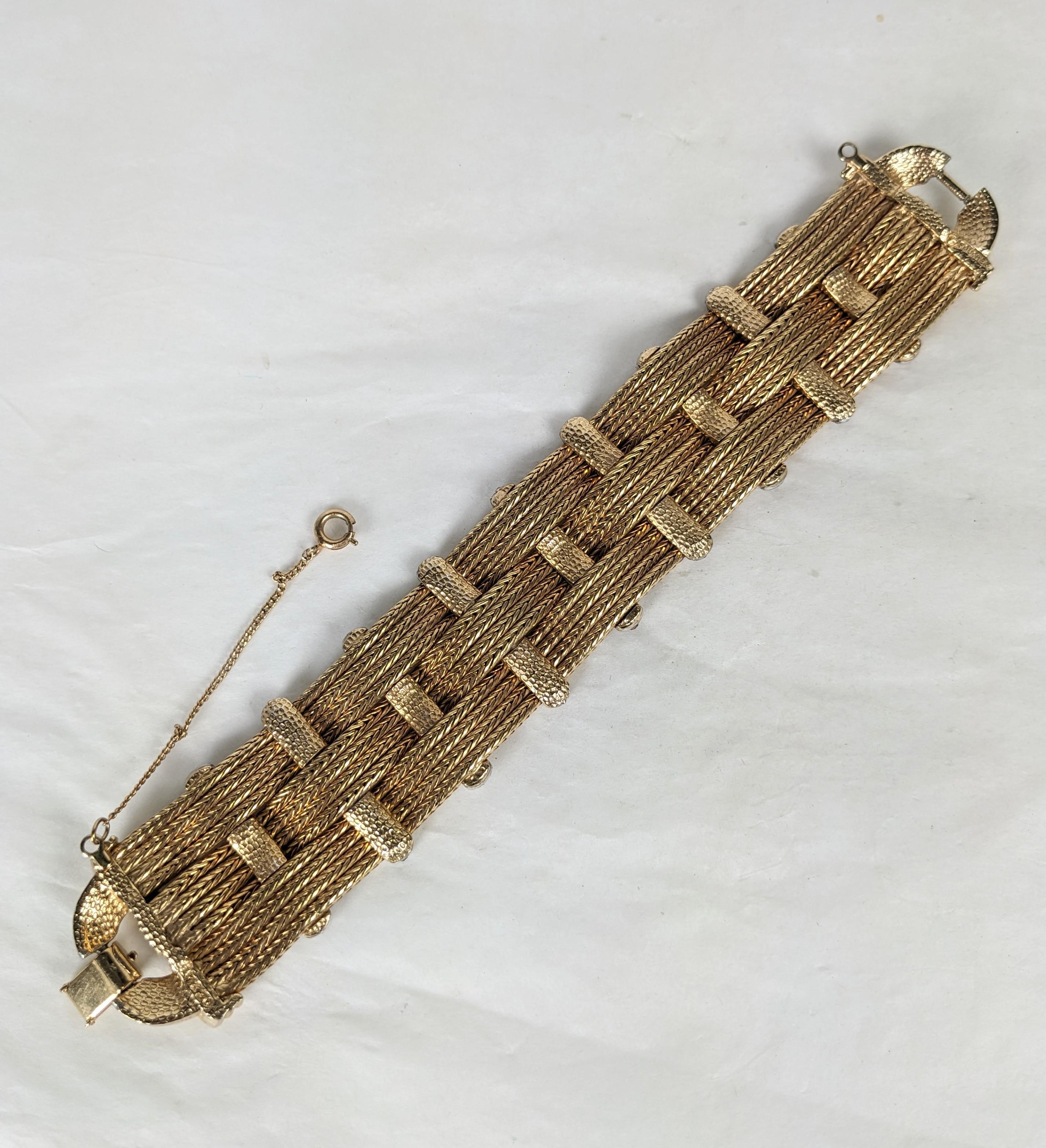 Retro Marcel Boucher Ribbed Gold Pave Station Bracelet For Sale