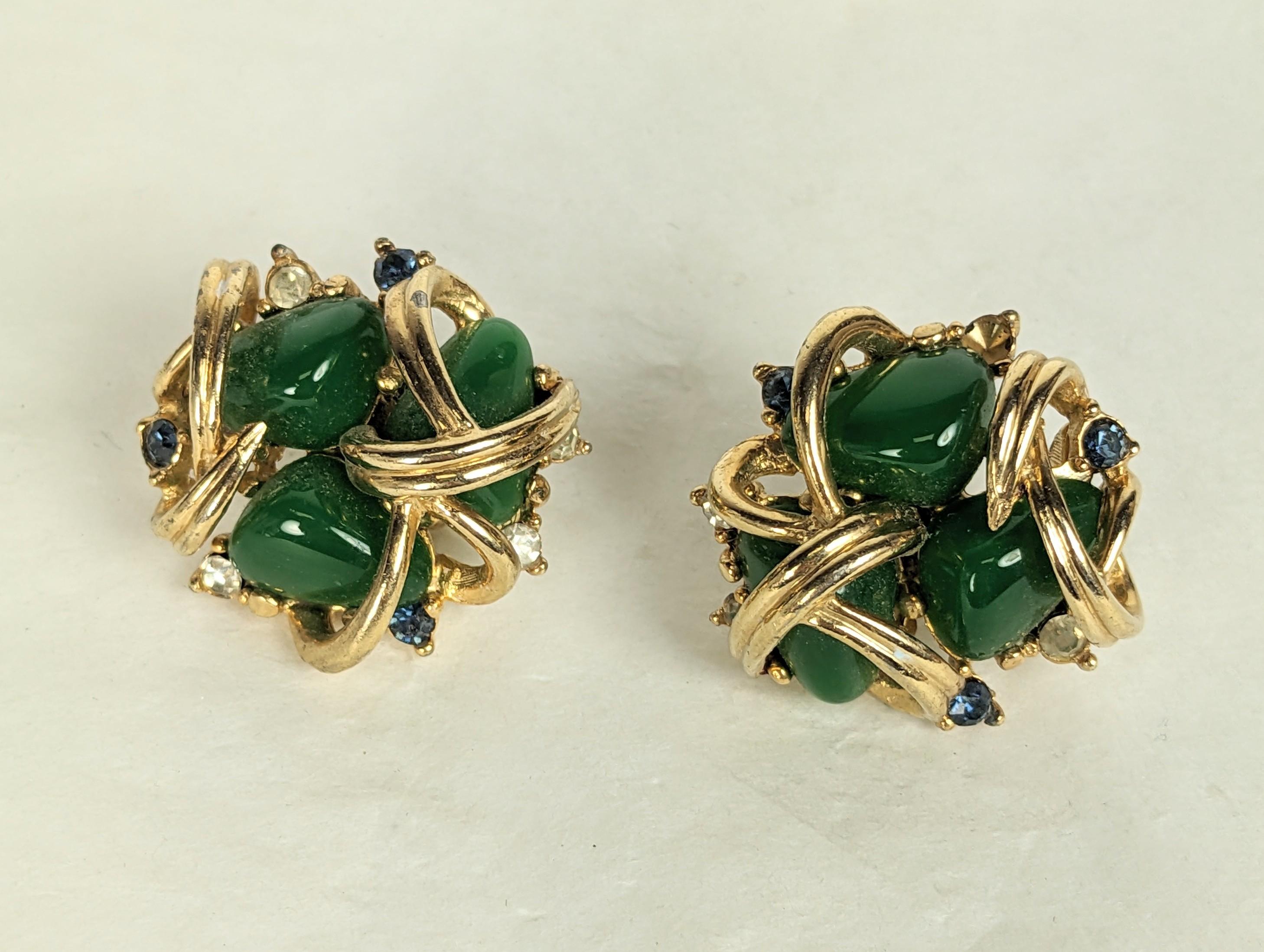 Attractive Verdura Style Faux Jade and Sapphire Ear clips from the 1960's by Marcel Boucher. Molded 