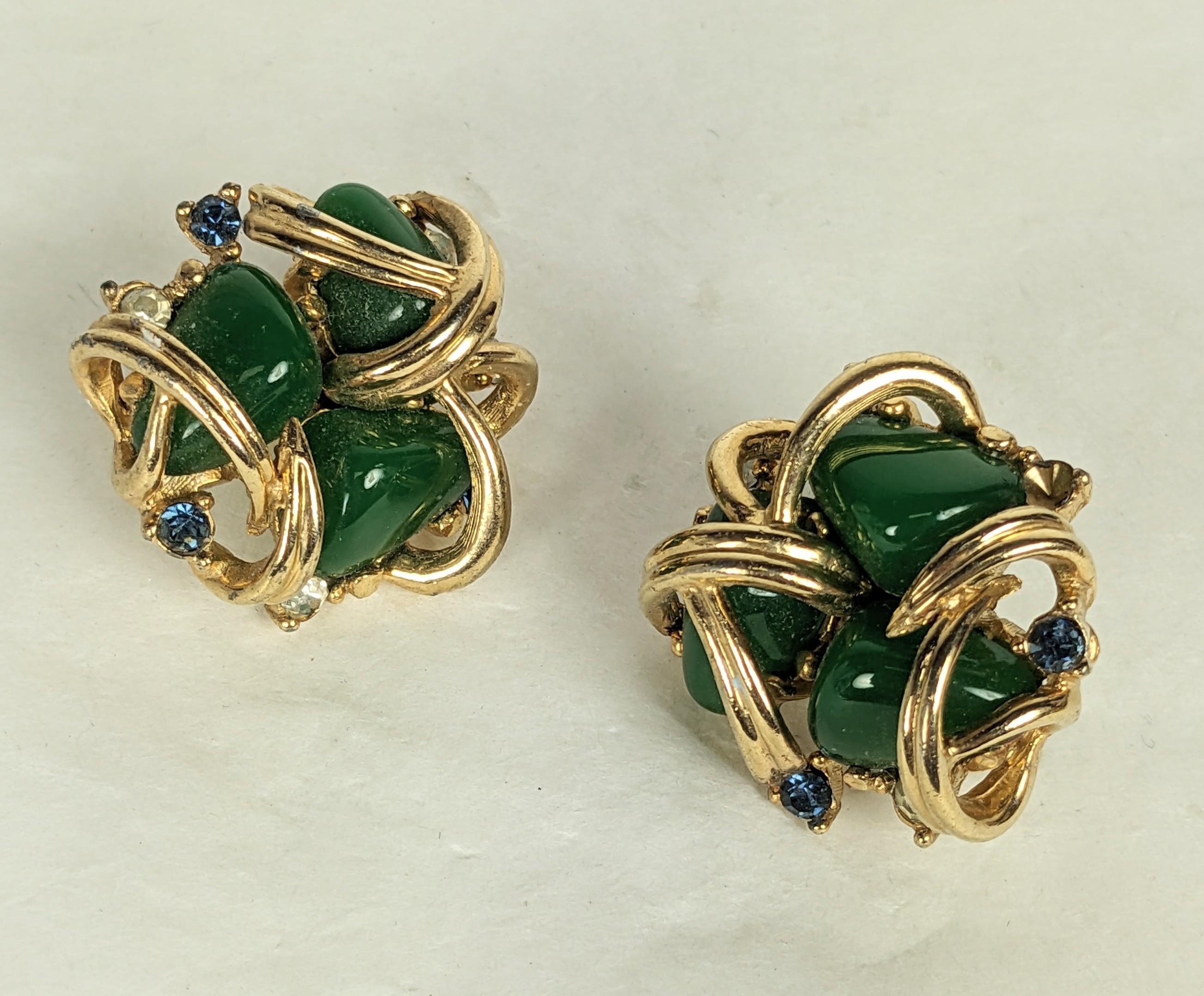 Modernist Marcel Boucher Verdura Style Faux Jade and Sapphire Ear Clips