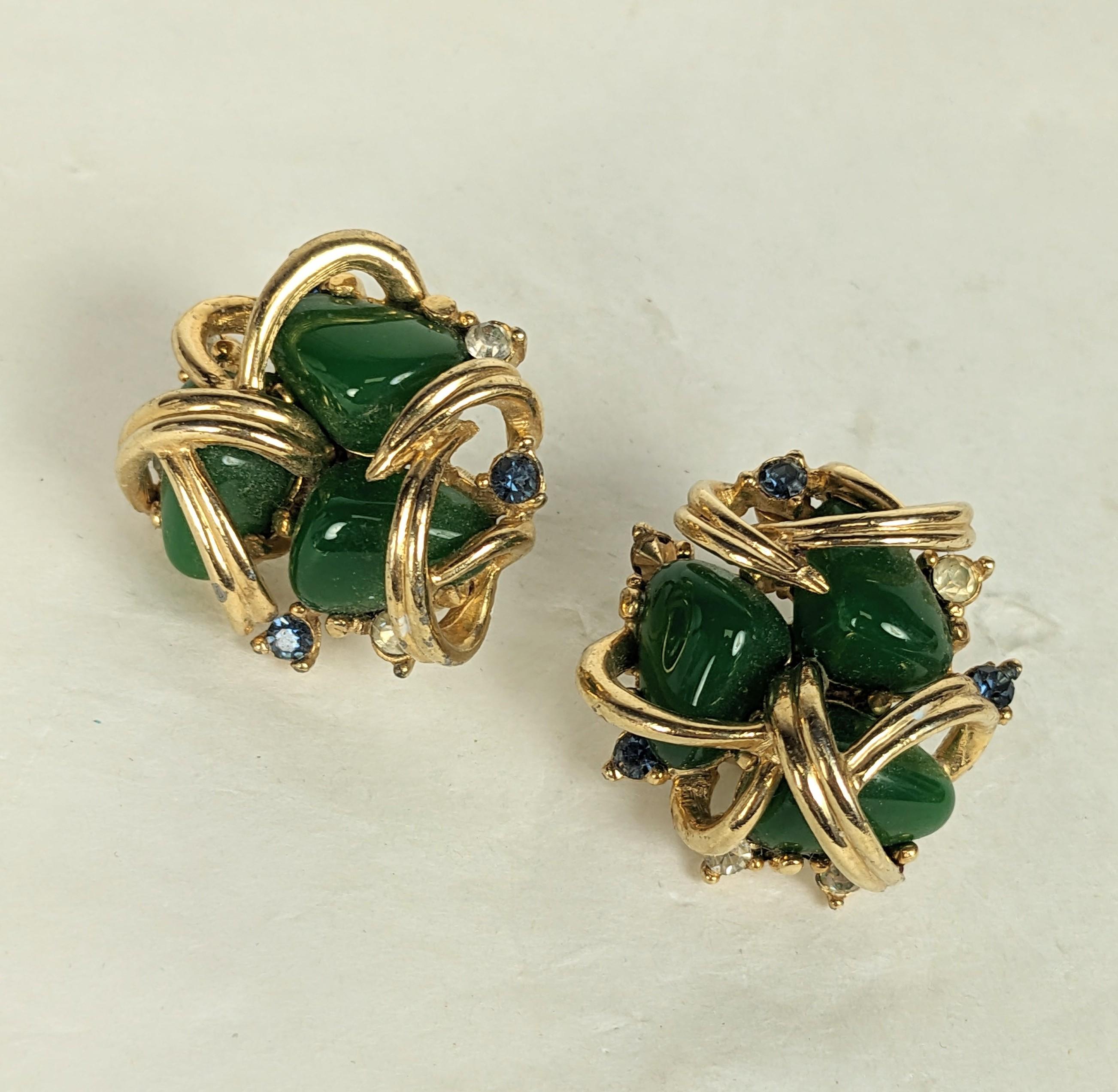 Marcel Boucher Verdura Style Faux Jade and Sapphire Ear Clips In Excellent Condition In New York, NY