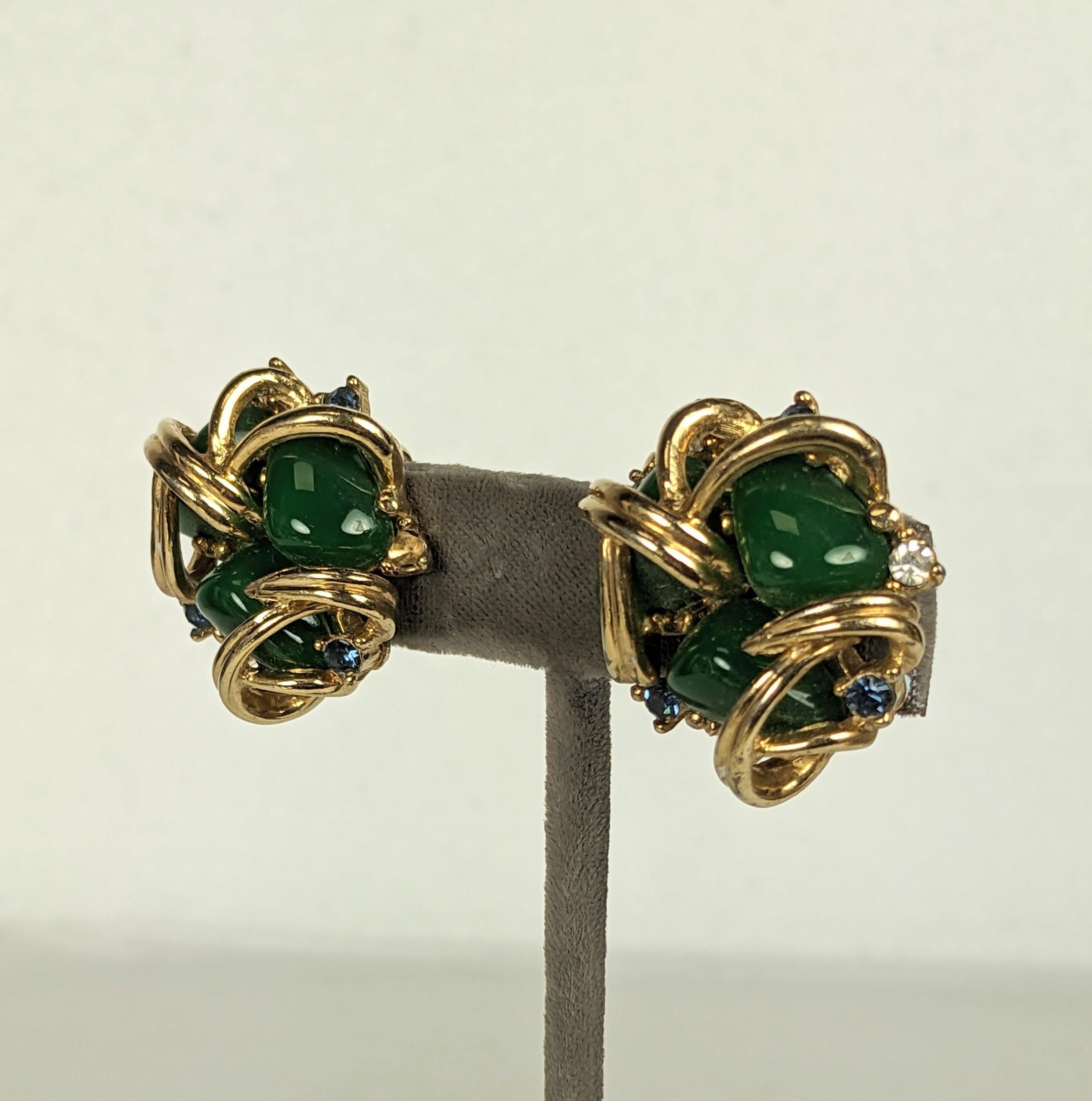 Marcel Boucher Verdura Style Faux Jade and Sapphire Ear Clips 2