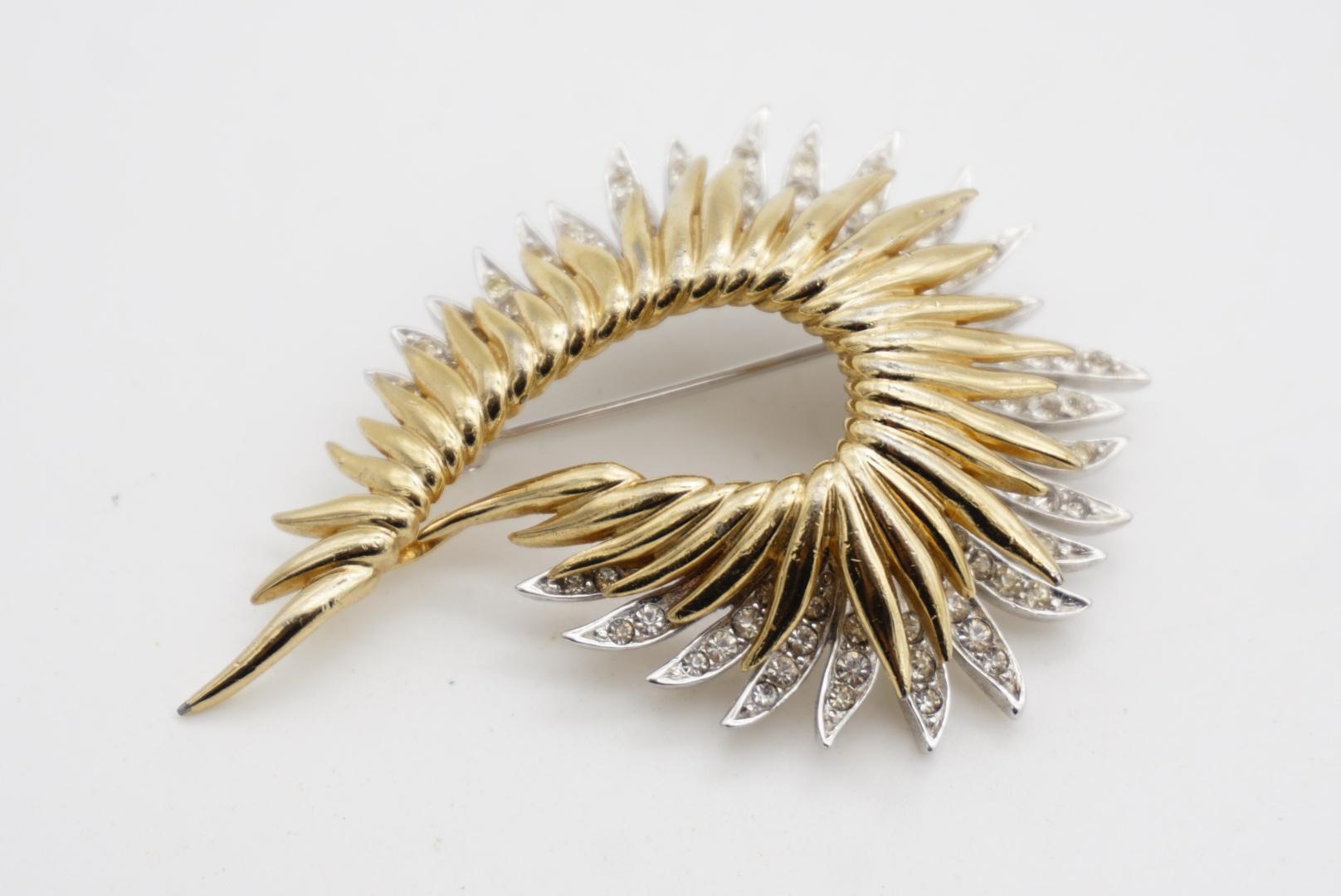 Marcel Boucher Vintage Double Layer Crystal Sunburst Feather Gold Silver Brooch en vente 5
