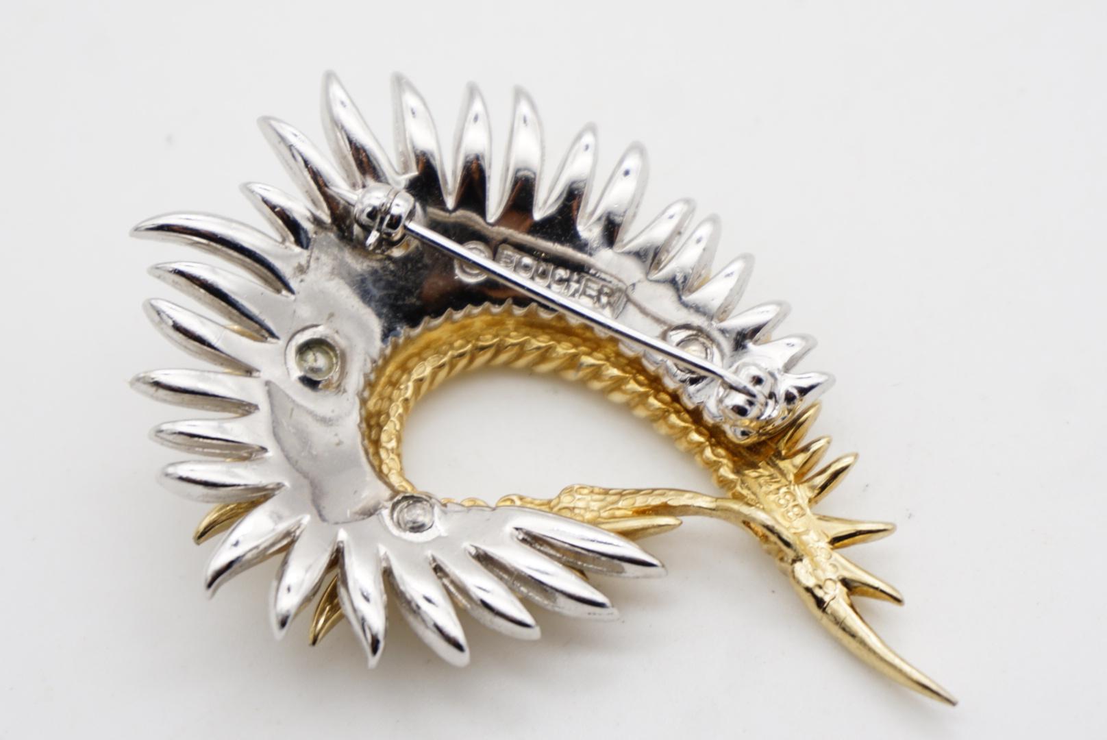 Marcel Boucher Vintage Double Layer Crystal Sunburst Feather Gold Silver Brooch en vente 7