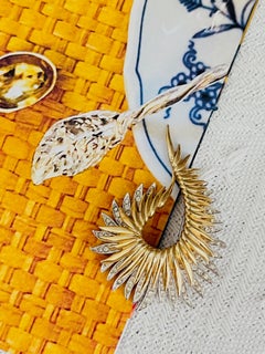 Marcel Boucher Vintage Double Layer Crystal Sunburst Feather Gold Silver Brooch