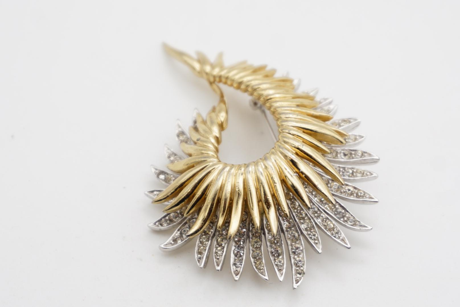 Marcel Boucher Vintage Double Layer Crystal Sunburst Feather Gold Silver Brooch en vente 3