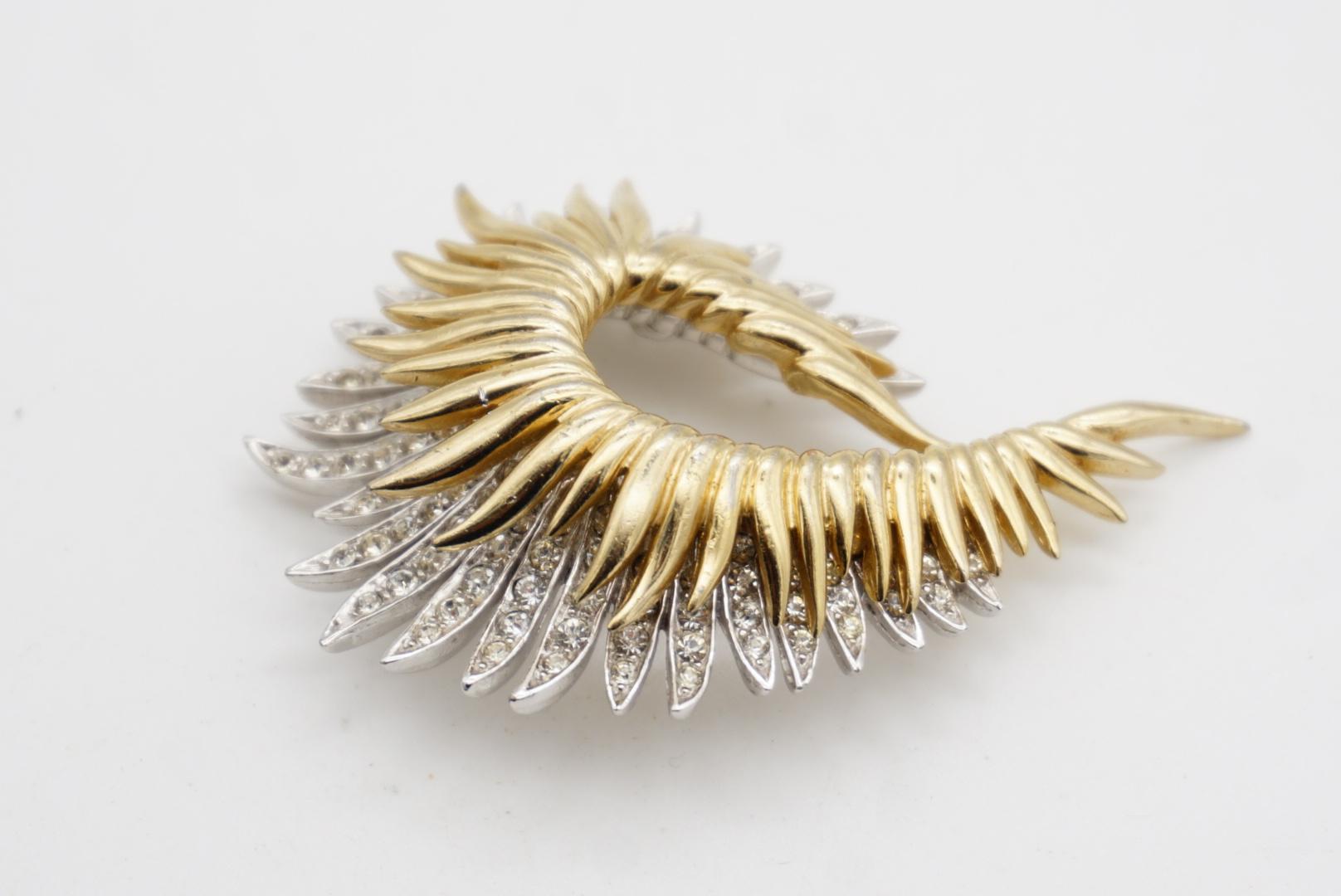 Marcel Boucher Vintage Double Layer Crystal Sunburst Feather Gold Silver Brooch en vente 4