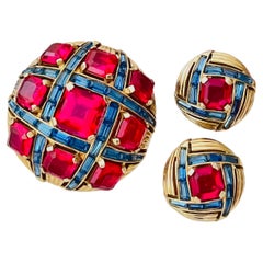 Marcel Boucher Vintage Gold Ruby Sapphire Baguettes Checkerboard Lattice Set