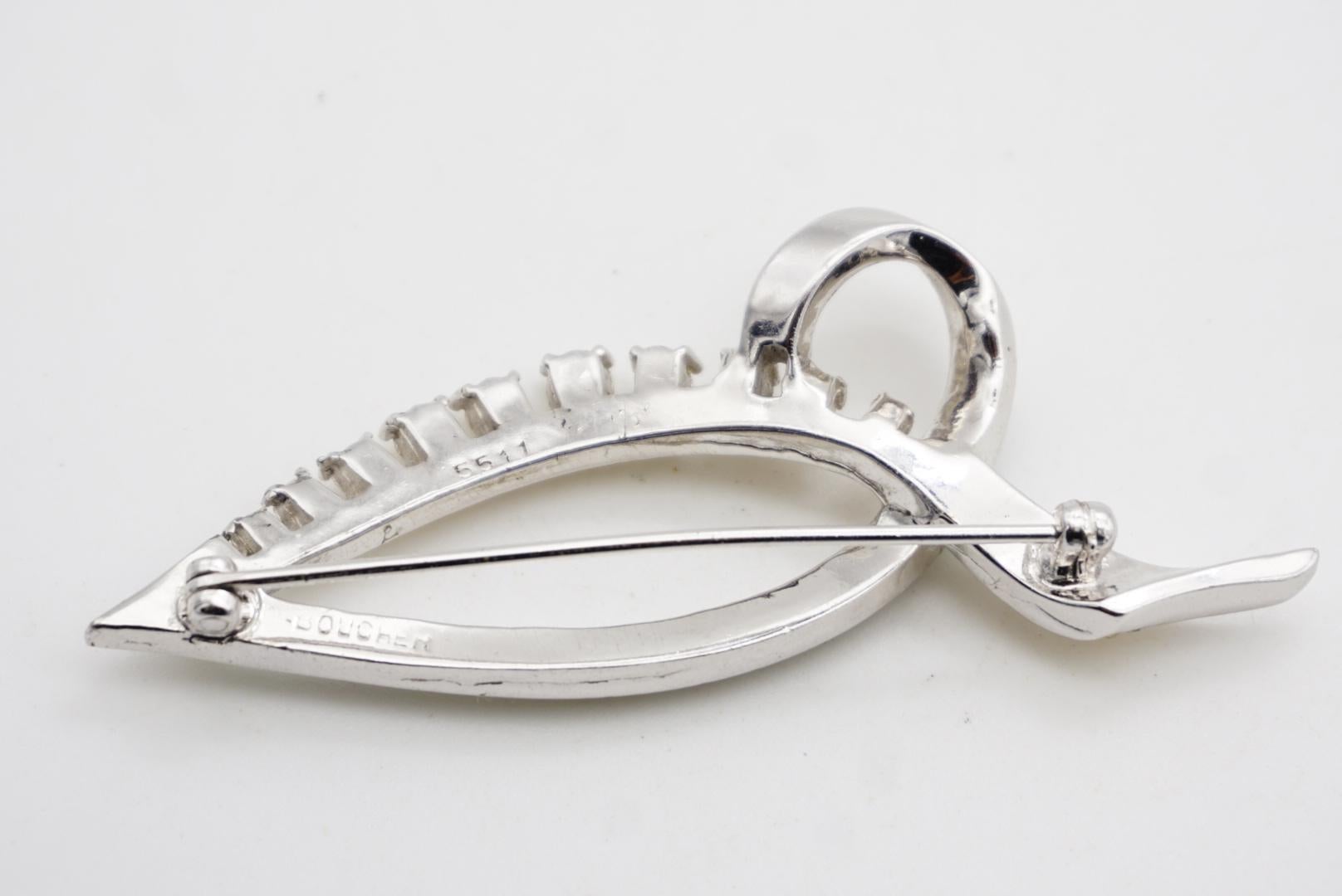 Marcel Boucher Vintage Large Emerald Clear Crystals Leaf Knot Bow Silver Brooch (Broche argent) en vente 7
