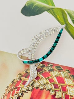 Marcel Boucher Vintage Large Emerald Clear Crystals Leaf Knot Bow Silver Brooch