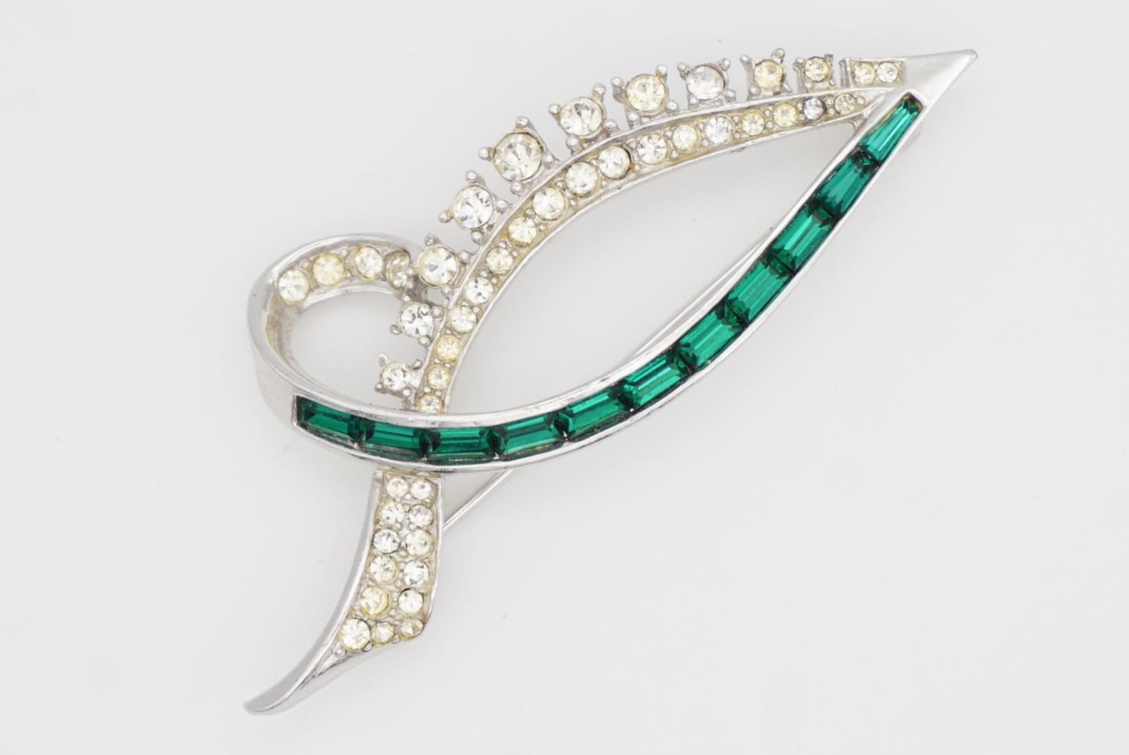 Marcel Boucher Vintage Large Emerald Clear Crystals Leaf Knot Bow Silver Brooch (Broche argent) en vente 2