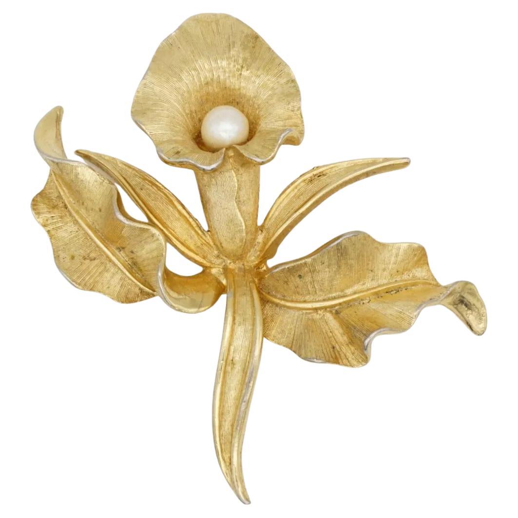 Marcel Boucher Vintage Large White Pearl Orchid Flourish Flower Leaf Gold Brooch For Sale