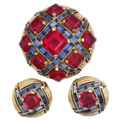 Marcel Boucher Vintage Ruby Sapphire Baguettes Checkerboard Lattice Dome 2 Set