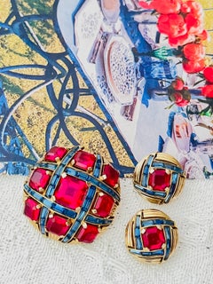 Marcel Boucher Vintage Ruby Sapphire Checkerboard Baguettes Lattice Dome 2 Set
