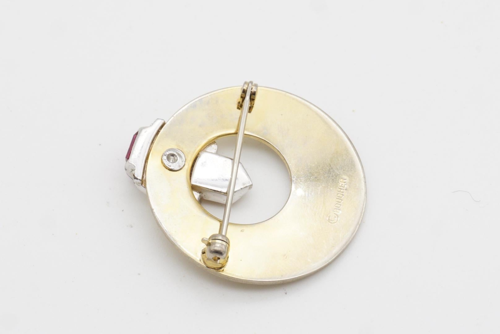 Offene durchbrochene Kreis-Scheibenbrosche von Marcel Boucher, Vintage, Sonnenschliff Fuchsia Kristalle im Angebot 6