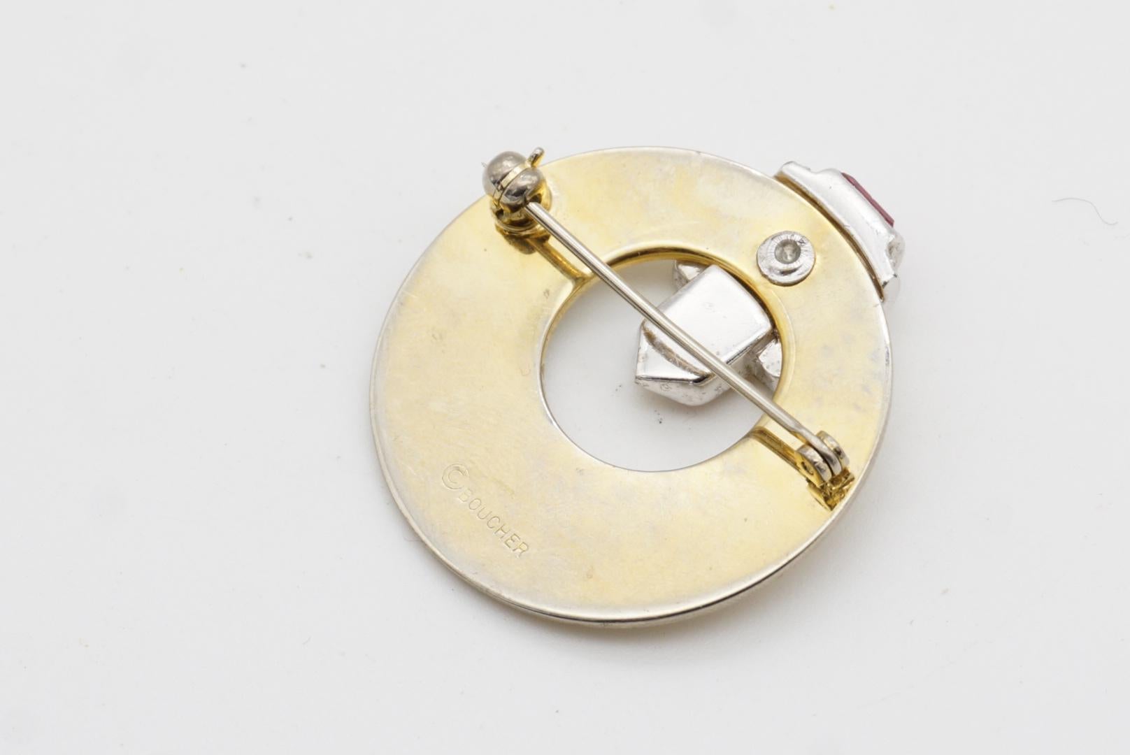 Offene durchbrochene Kreis-Scheibenbrosche von Marcel Boucher, Vintage, Sonnenschliff Fuchsia Kristalle im Angebot 7