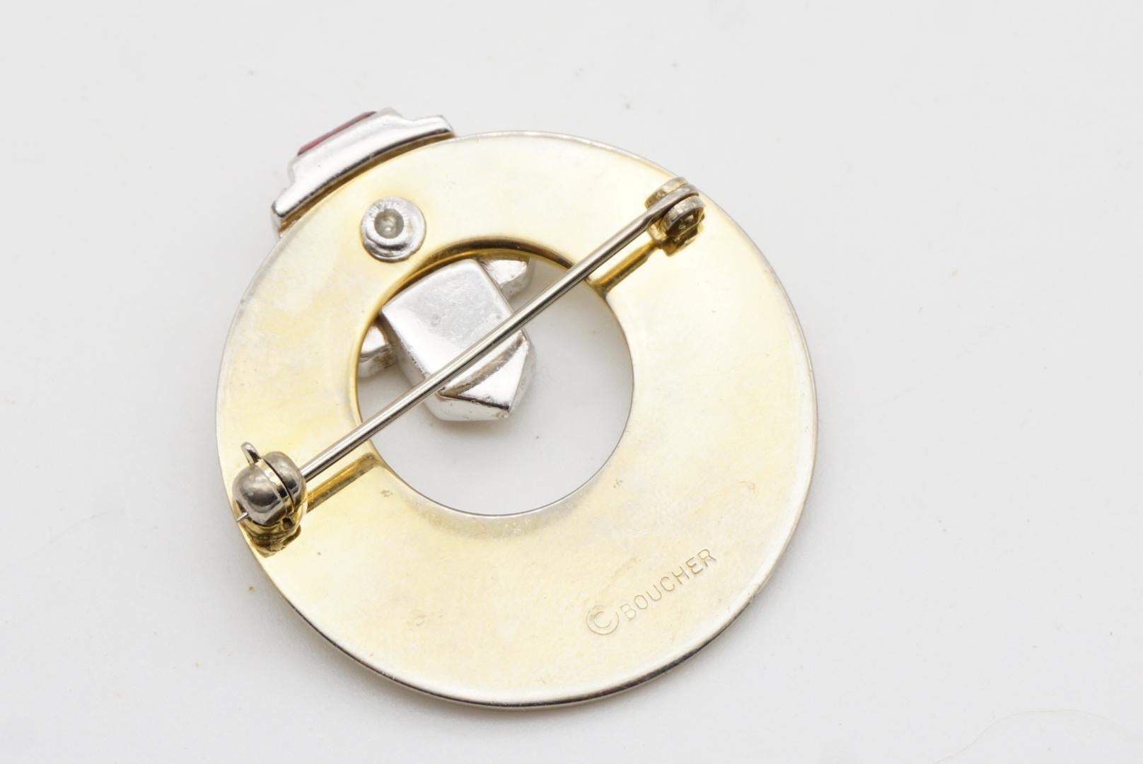 Offene durchbrochene Kreis-Scheibenbrosche von Marcel Boucher, Vintage, Sonnenschliff Fuchsia Kristalle im Angebot 8