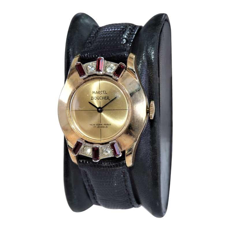 FACTORY / HOUSE: Marcel Boucher 
STYLE / REFERENCE: Mid Century 
METAL / MATERIAL: Gold Filled
CIRCA / YEAR: 1950's
DIMENSIONS / SIZE: Length 36mm x Diameter 29mm
MOVEMENT / CALIBER: Manual Winding / 17 Jewels / Cal.602
DIAL / HANDS: Original
