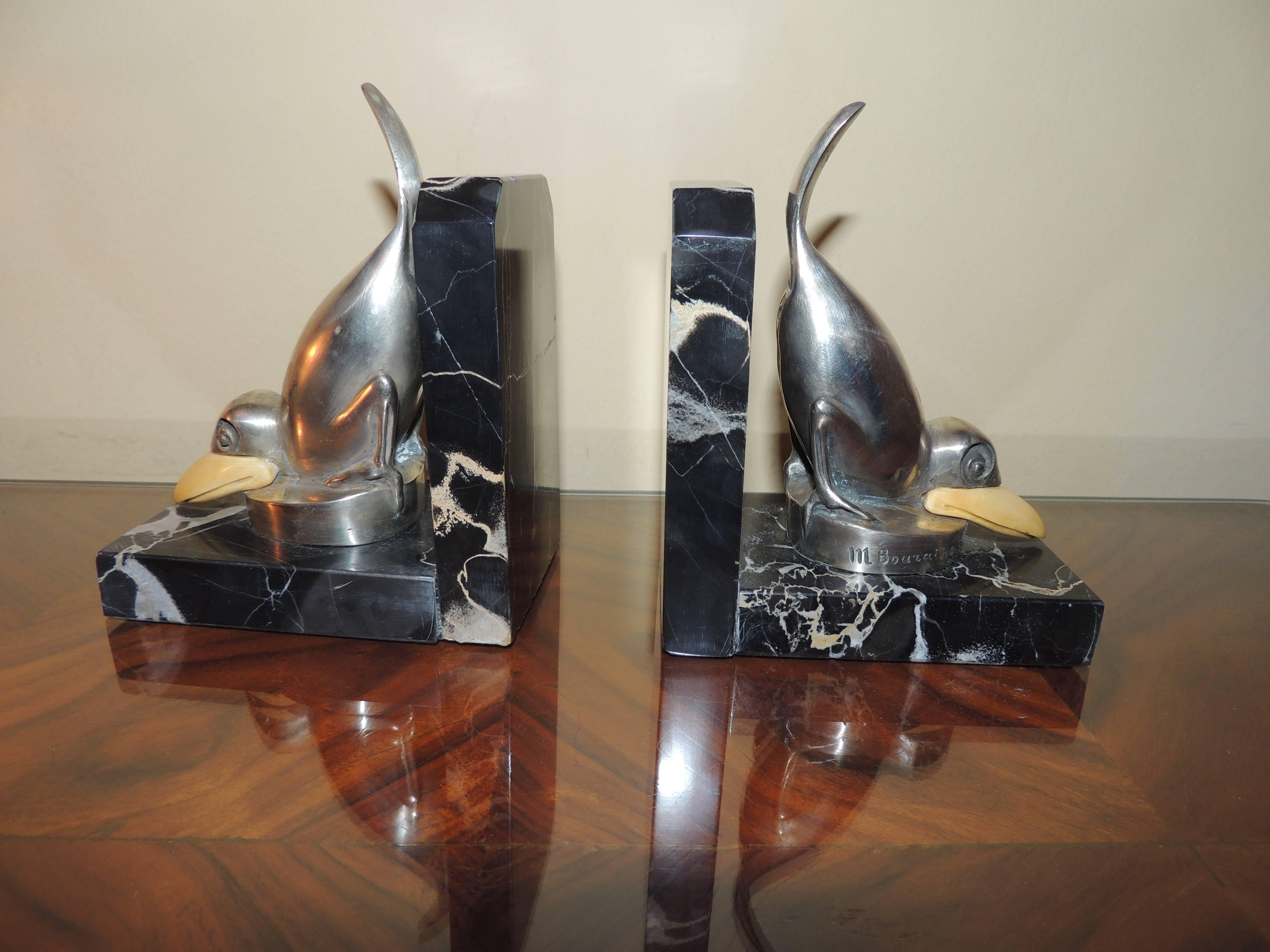 French Marcel Bouraine Art Deco Bronze Bird Bookends