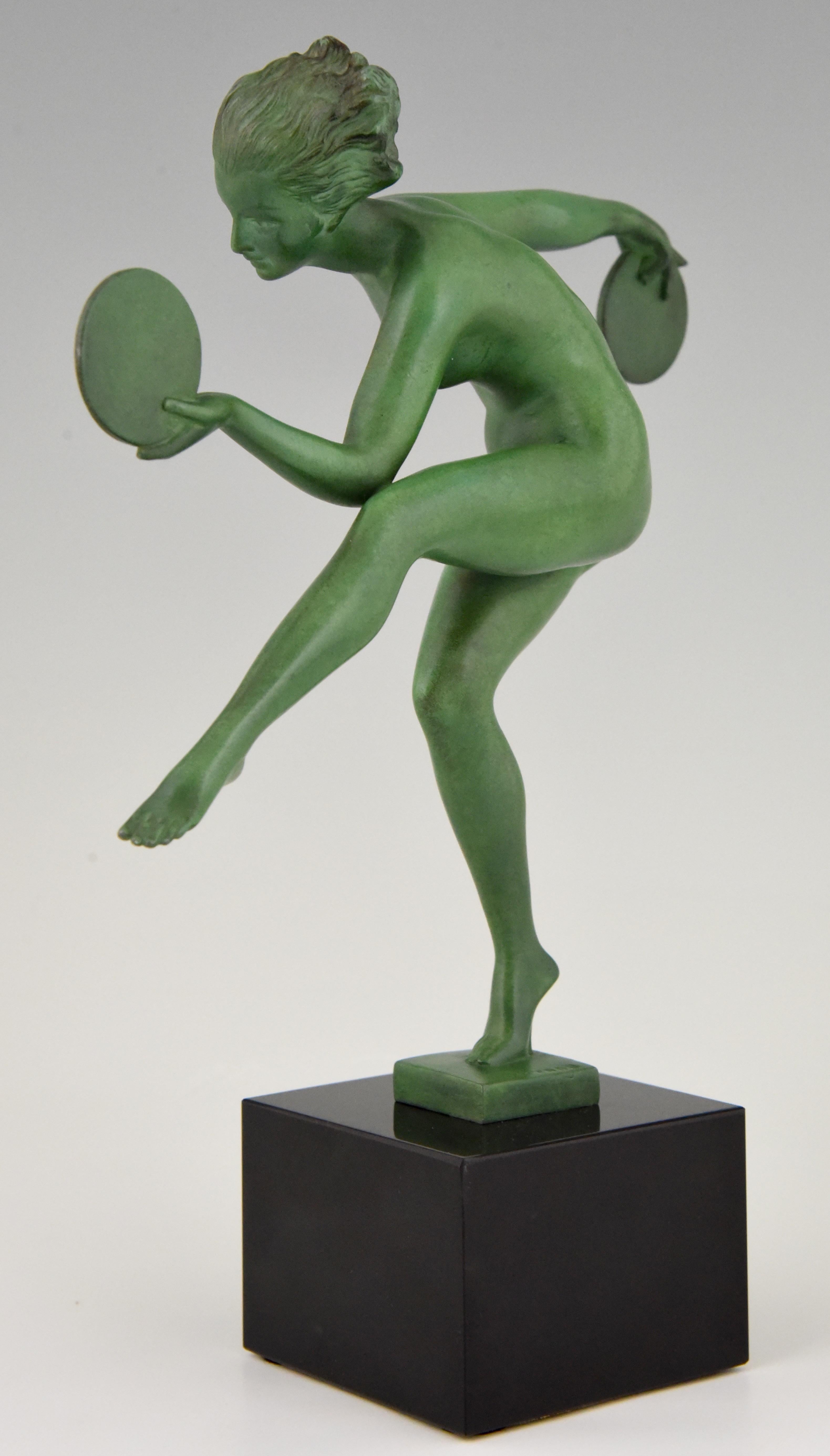 Patinated Marcel Bouraine Art Deco Sculpture Nude Disc Dancer Derenne, France, 1930
